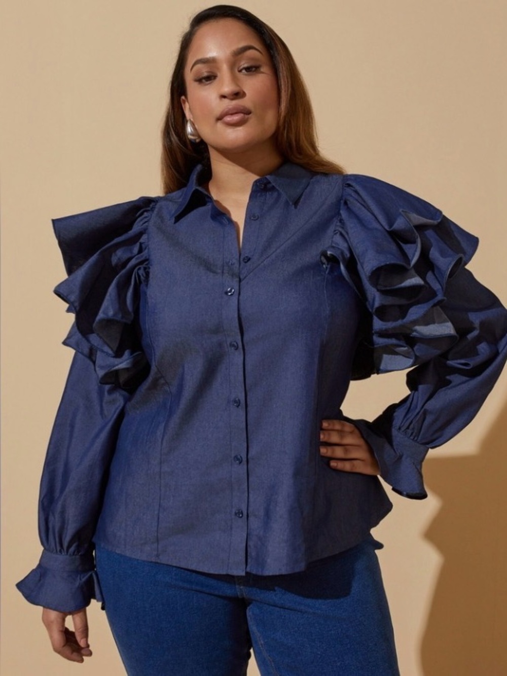 NWT Ashley Stewart Blue Chambray Dramatic Ruffle Shoulder Button-Down Blouse Sz